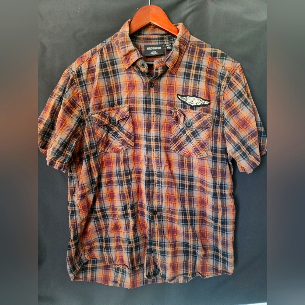 Men's Plaid Polo Shirt Button-down Harley-Davidson Motorcycle Large